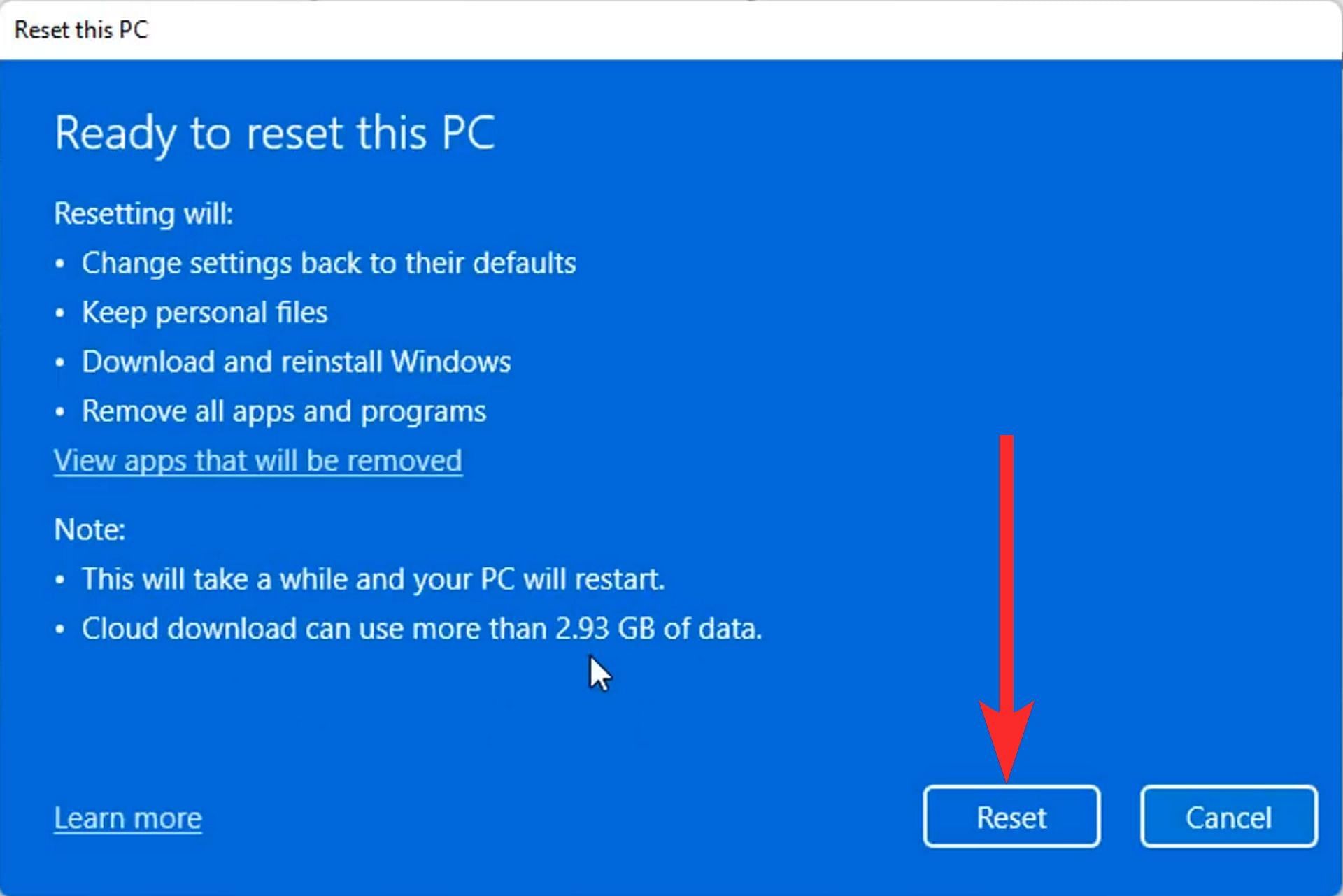 Click on "Reset" to start the process. (Image via Sportskeeda)